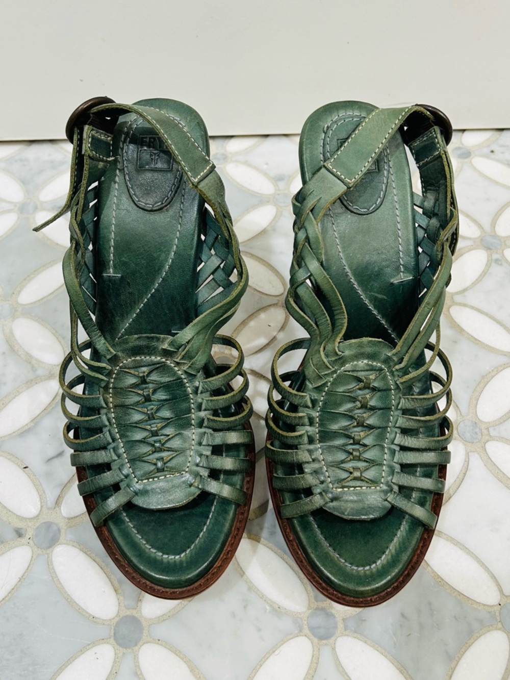 Frye Joy Huarache Platform Sandals Olive Green Leather Wood Heels Boho 9.5 - Picture 4 of 13